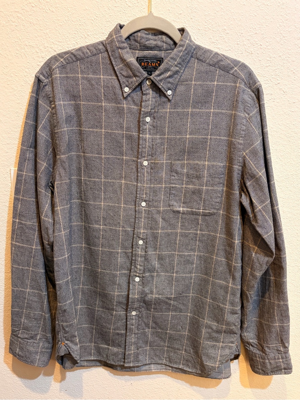 BEAMS Japan Men’s L Gray Windowpane Plaid Cotton Button Down Shirt
